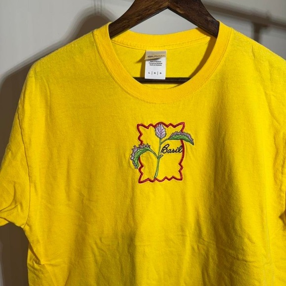 Tops - Yellow Embroidered Basil Tee With Red and Green Accents Size Large GraphicTee